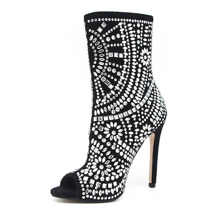 Black patterned diamond-studded ankle boots for ladies Black elegant stylish lady high-heeled ankle boots