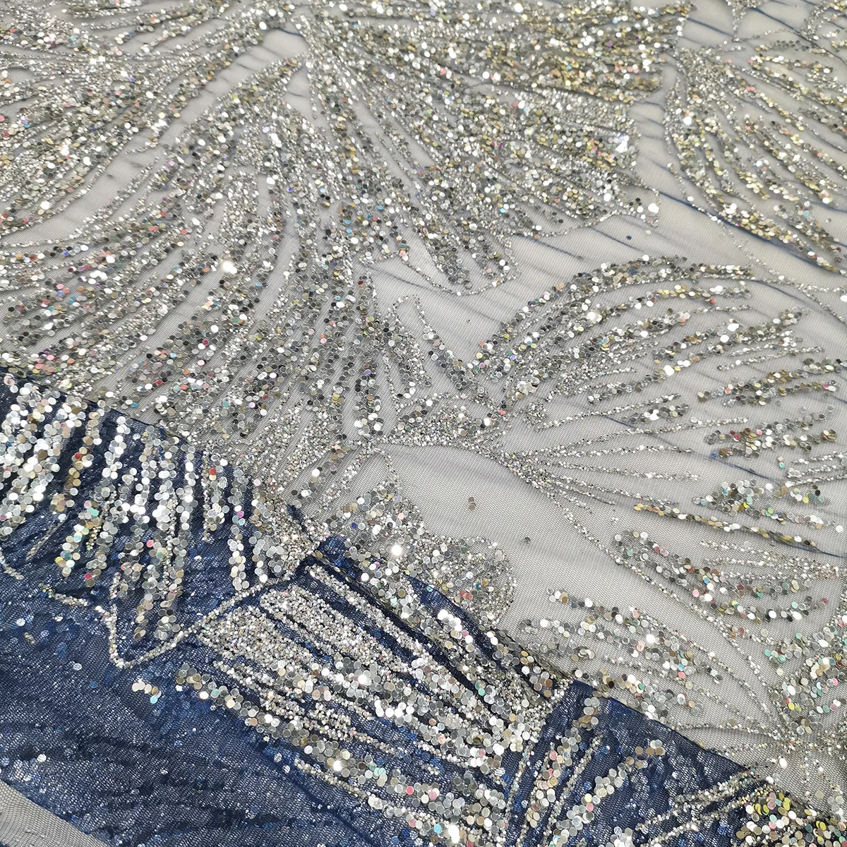 High Quality Fancy Design Shiny Glitter Bridal Wedding Lace Fabric For Lady Party Dress African Custom Silver Sequins Tulle Mesh