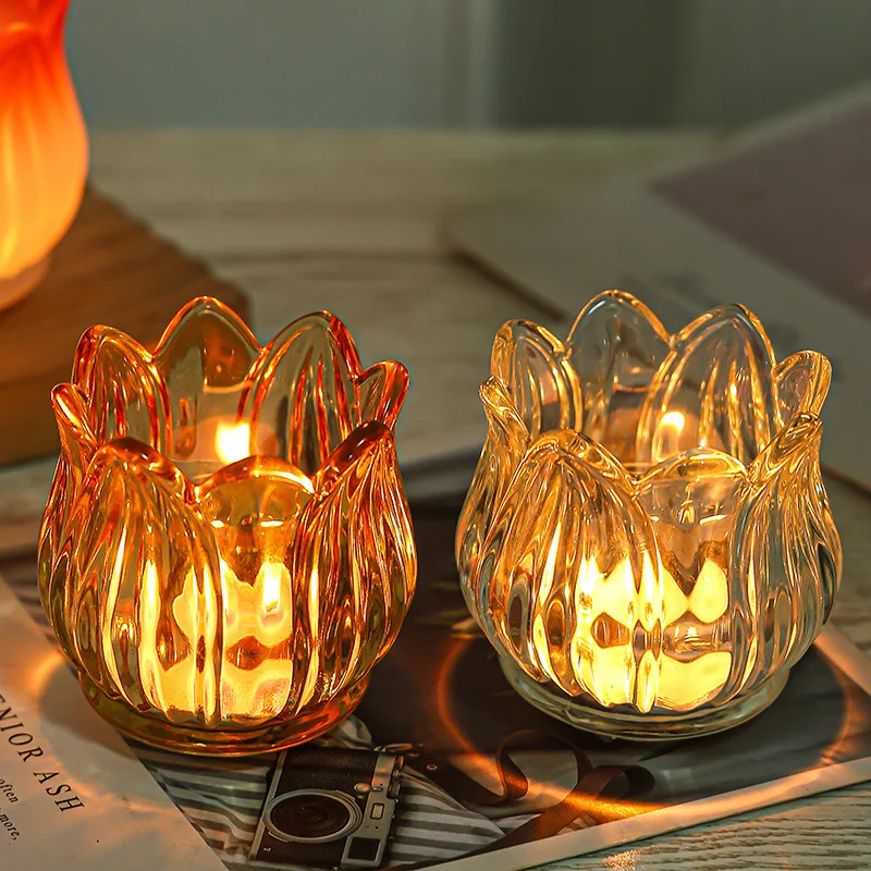 Wholesale Home Decorative New design Unique tulip flower unique shape clear empty Custom color glass candle jar