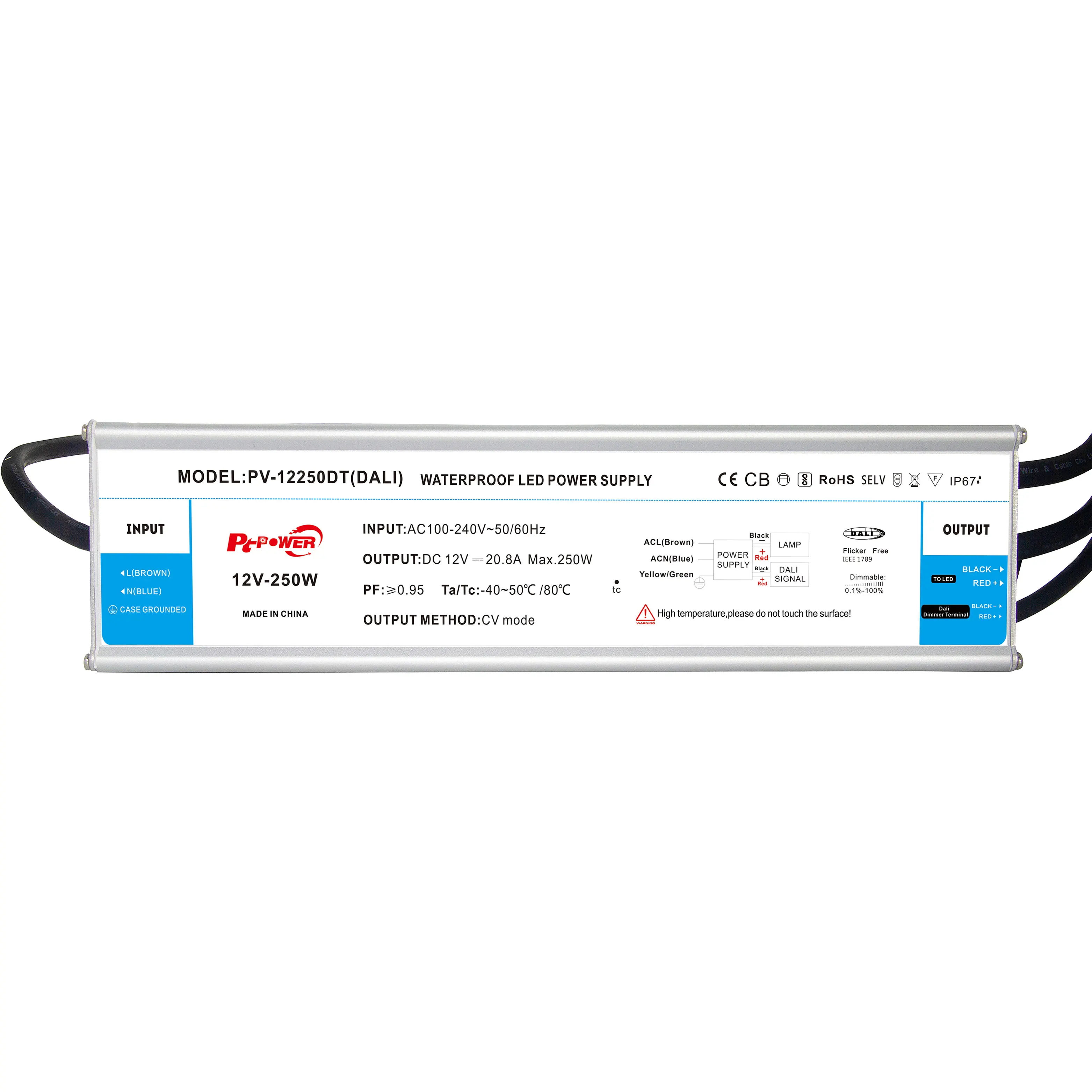 Pt POWER DALI 250W 12V 24V LED Power Supply Dimmable DALI LED Driver Waterproof IP67 Constant Voltage Controller