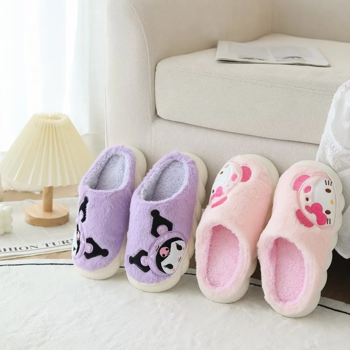Ruunjoy Ladies Home Slipper Non Slip Winter Keep Warm Feet Indoor Cute Sanrioed Soft Plush Slipper Thick Soled Cartoon Slipper
