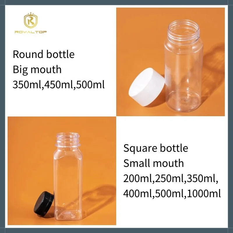 Bulk Empty Transparent PET Beverage Wide Mouth Containers 12oz 16oz Plastic Juice Bottles With Cap For Business