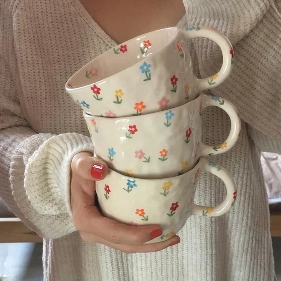 Ins rustic cute floral porcelain coffee/tea cups custom logo flowers pattern design ceramic flower mug