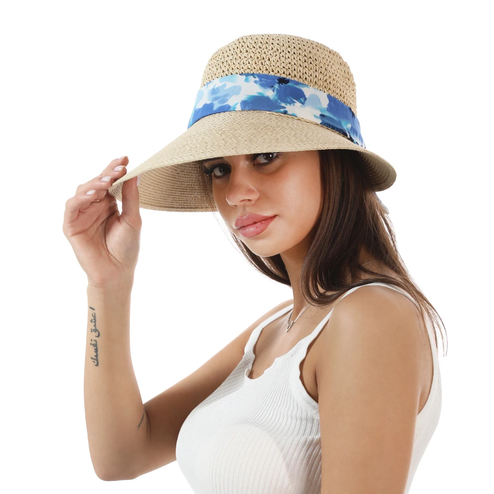 Women Plain Multi Color Summer Paper  Straw beach bucket Hat Rope paper weaving straw hat