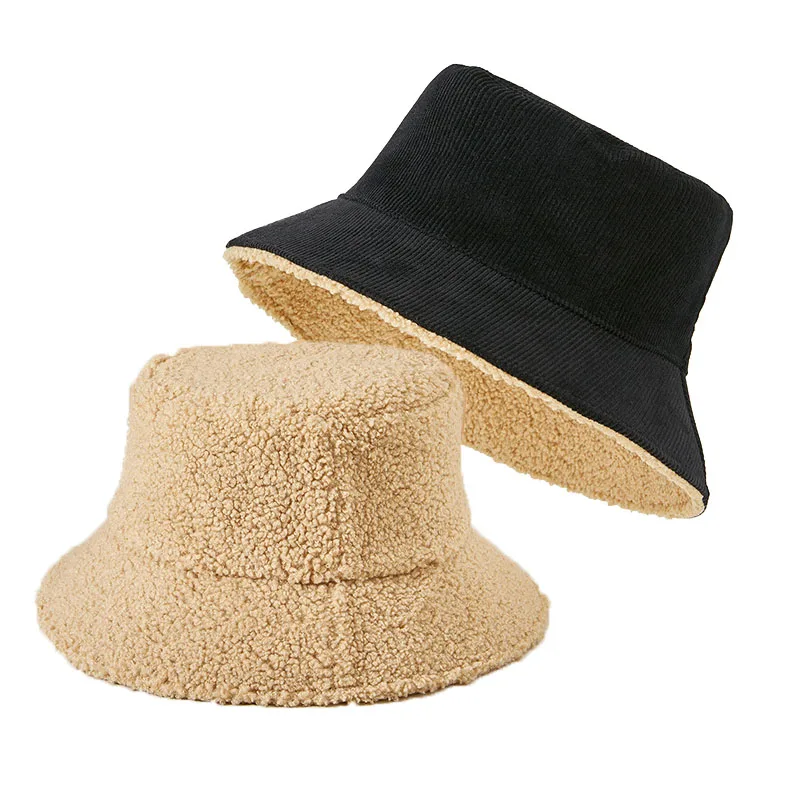 Custom logo women outdoor fishing bucket hats warm two side blank bucket hat reversible winter corduroy bucket hat