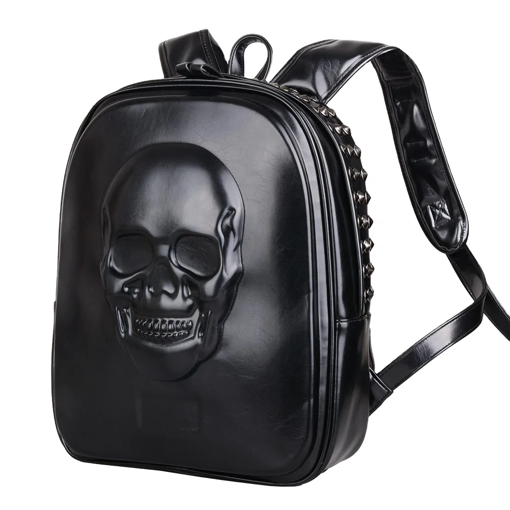 PU leather Rock style black skull pattern rivet backpack