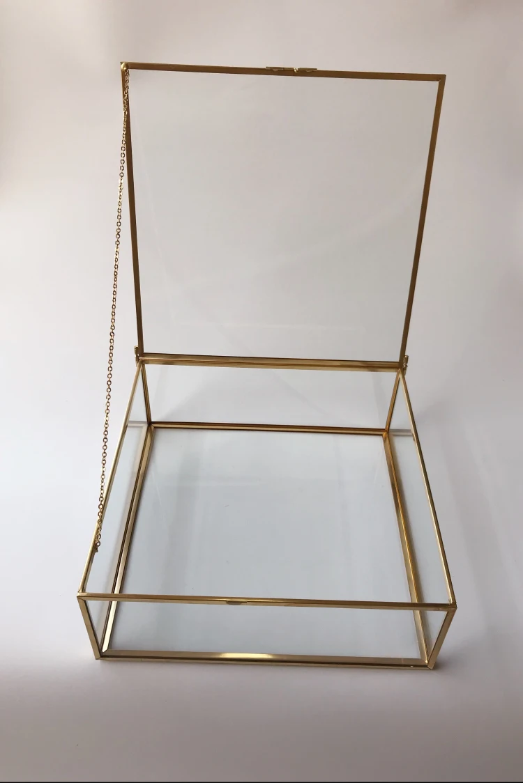 Геометрическая стеклянная коробка для свадебных карт большая ювелирных украшений из розового золота с крышкой и металлической рамкой