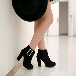 Suede Thick Bottom Oem Fall New Design Sexy Ladies Wide Calf Chunky Heel Booties Woman Ankle Heel Womens Ankle Boots With Buckle