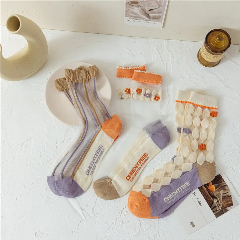 Summer crystal silk nylon thin breathable crew women transparent sock
