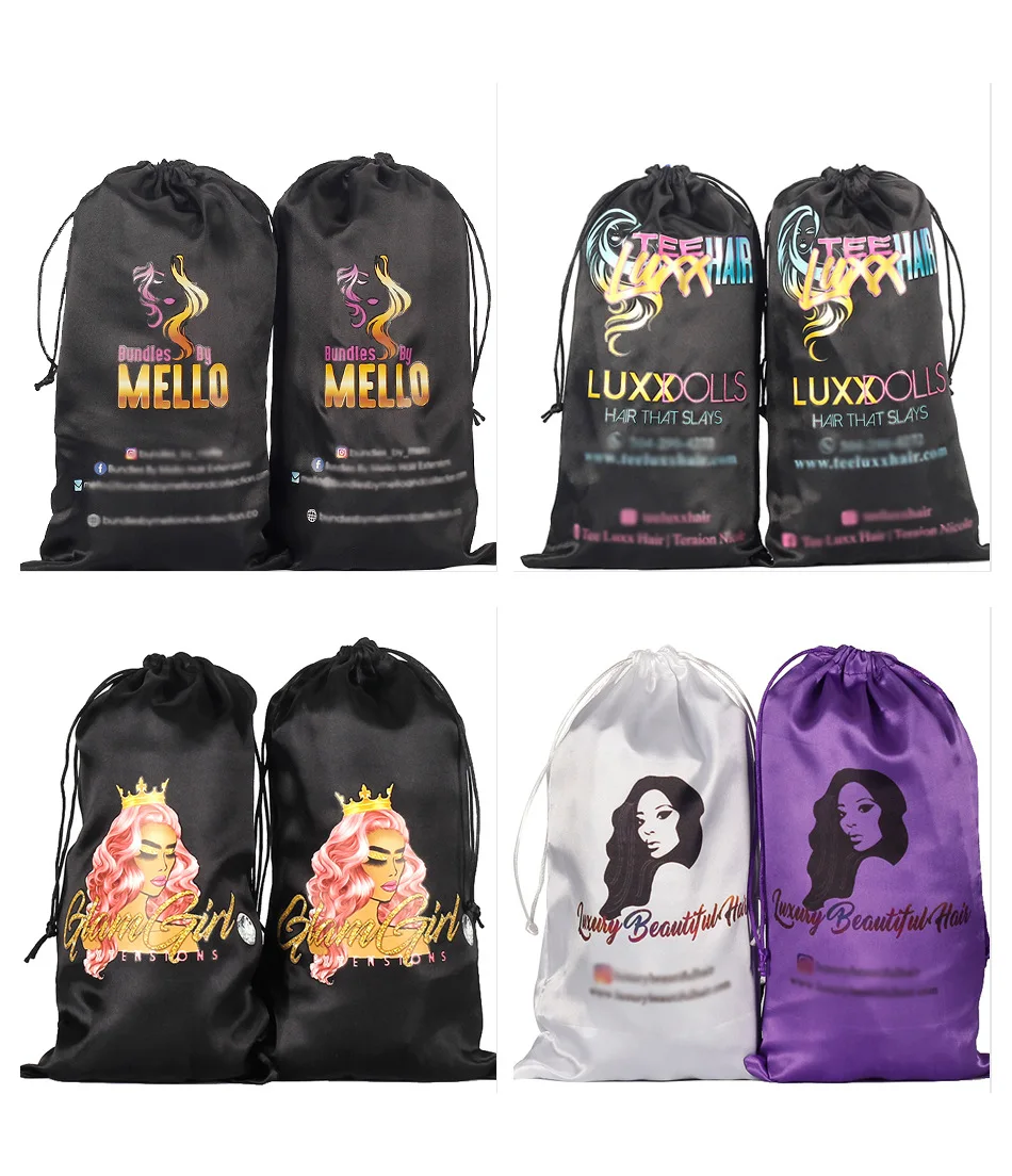 Роскошный шнурок с большим логотипом на заказ для пучков волос, пакет, пылезащитный мешочек, шелковые атласные мешочки для париков