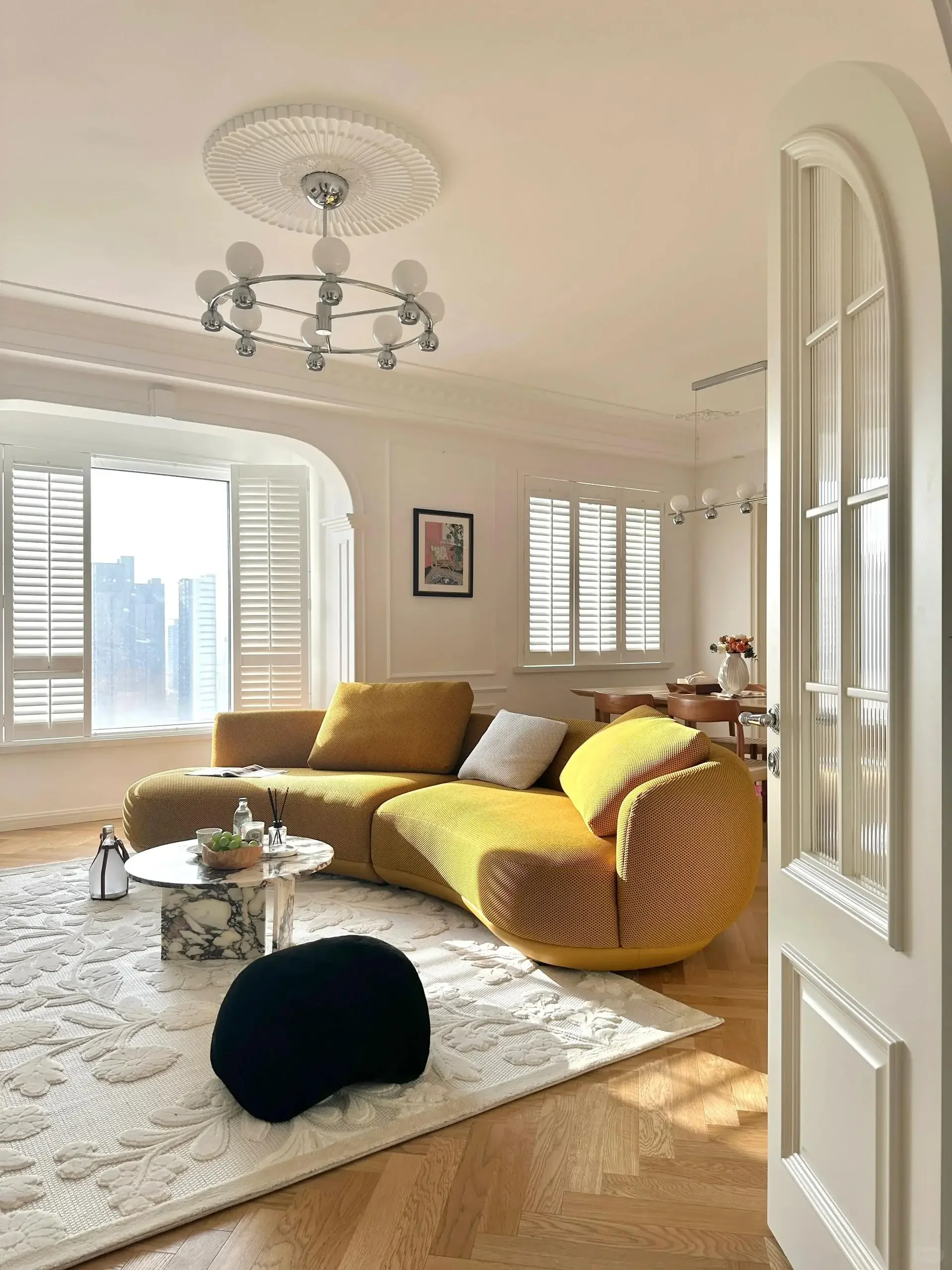 LongTai French Style Arch Solid Wood Casement Two-open Interior Door With Glass Inserted for Living Room Divider