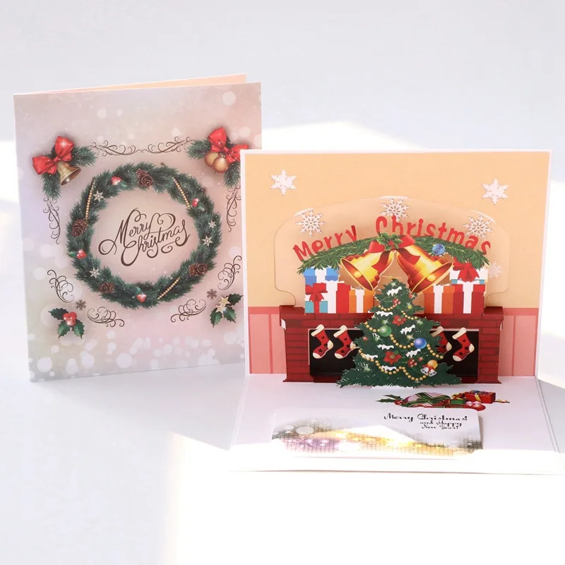 Wholesale New Design Pop Up Christmas Greeting Gift Cards Christmas Tree paper Greeting Card with envelop and individual opp bag