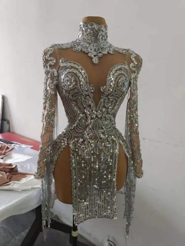 2022 luxury elegant dress clubwear Gogo Singer stage performance long sleeve tassel diamond sexy club dresses