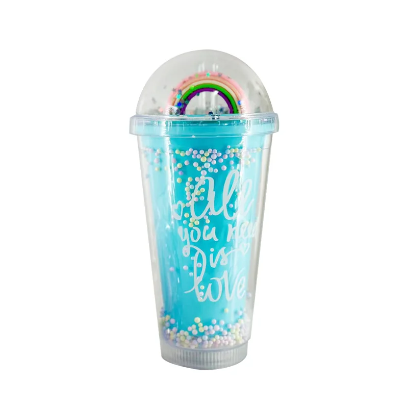 Cartoon Double Layer Plastic Cup with Rainbow Micro Landscape Bubble Straw Cute Design for Water Usage for Kids