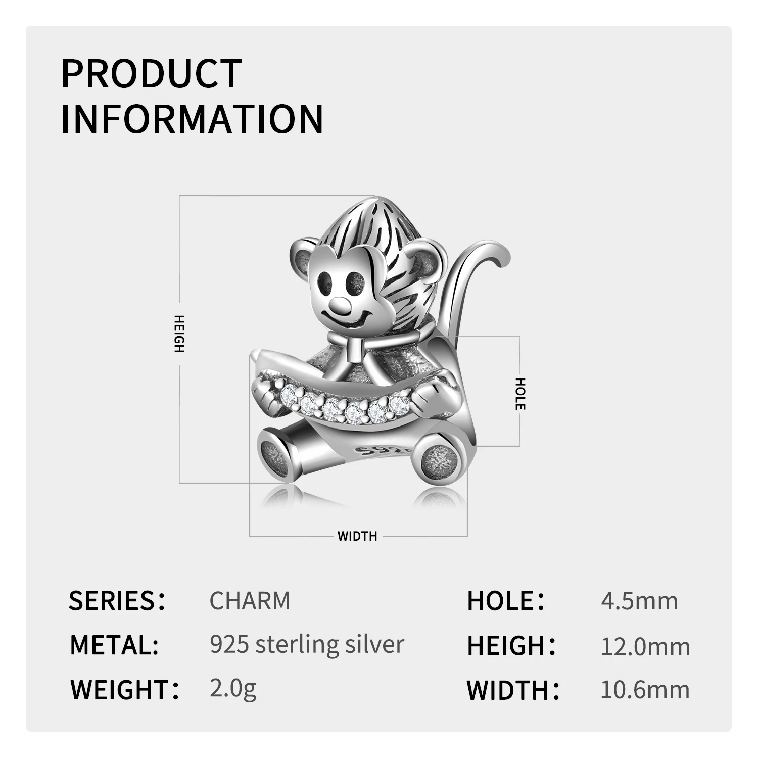 925 Sterling Silver New Trendy Charm Monkey holding a banana with clear zircon Fit Original Bracelet Jewelry Making Women Gifts