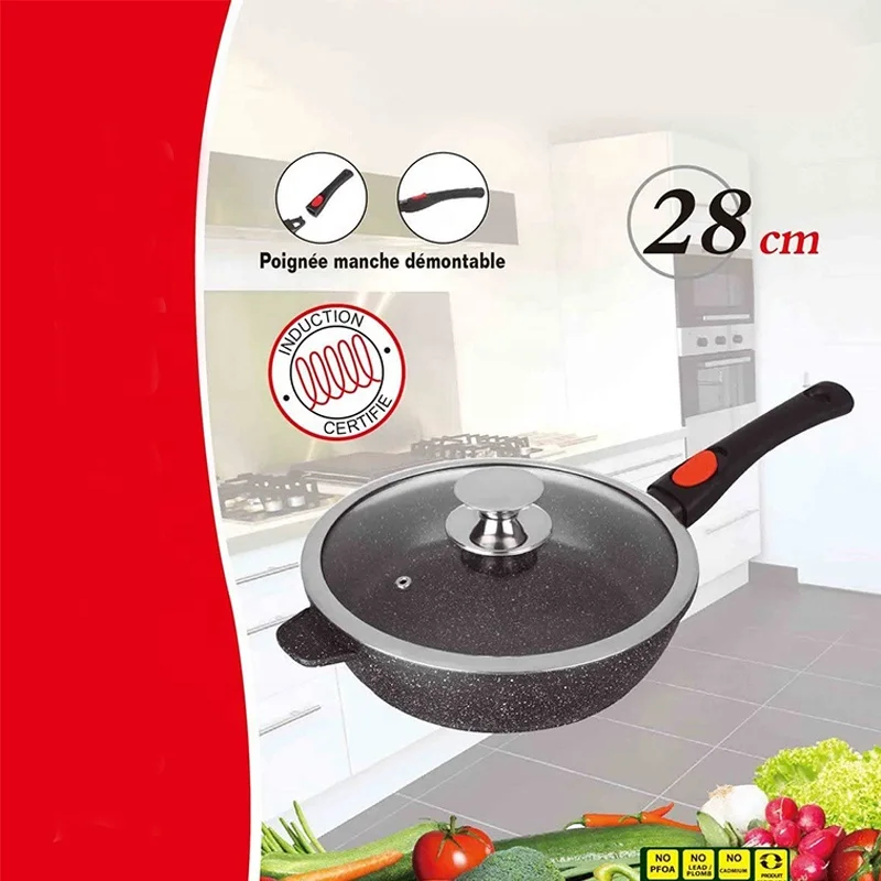 Die cast aluminum non stick deep fry pan with detachable removable handle wok with lid