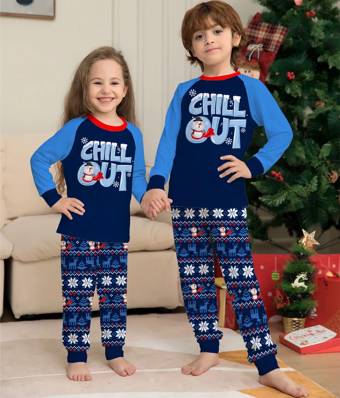 2024 new letter snowflake printing Christmas parent-child suit pajamas long sleeve home clothes