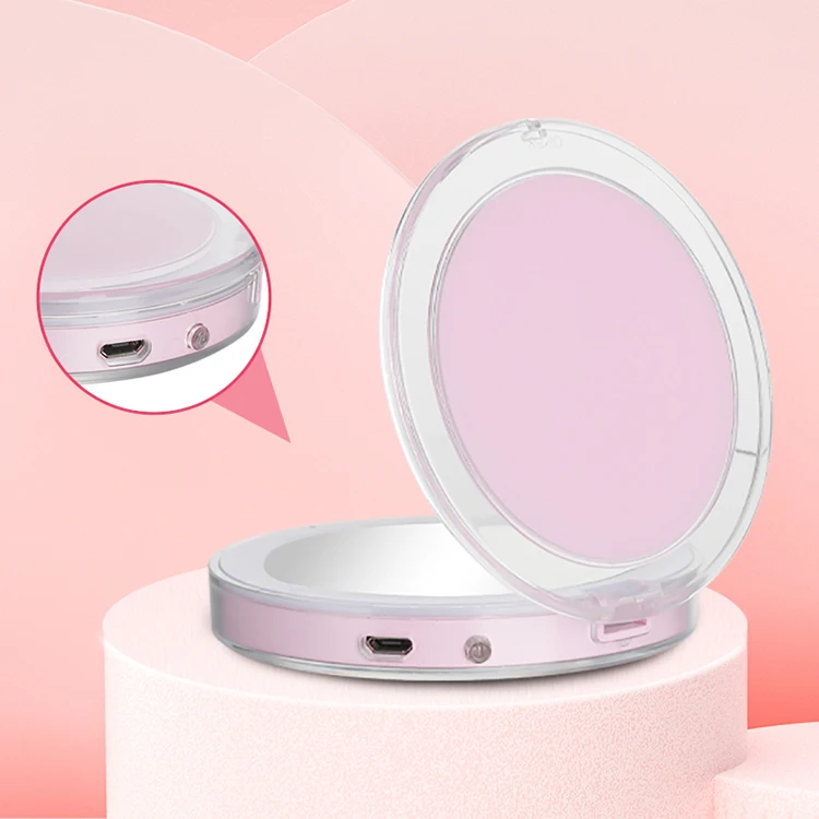 design unique makeup mirror mini length compact round pink foldable dual sided led mirror with light for bedroom