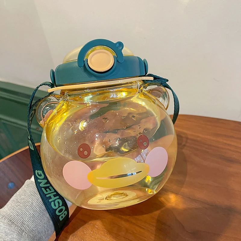 High Quality Cartoon Cute Animal Shaped Kids Plastic Water Bottle With Strap Straw