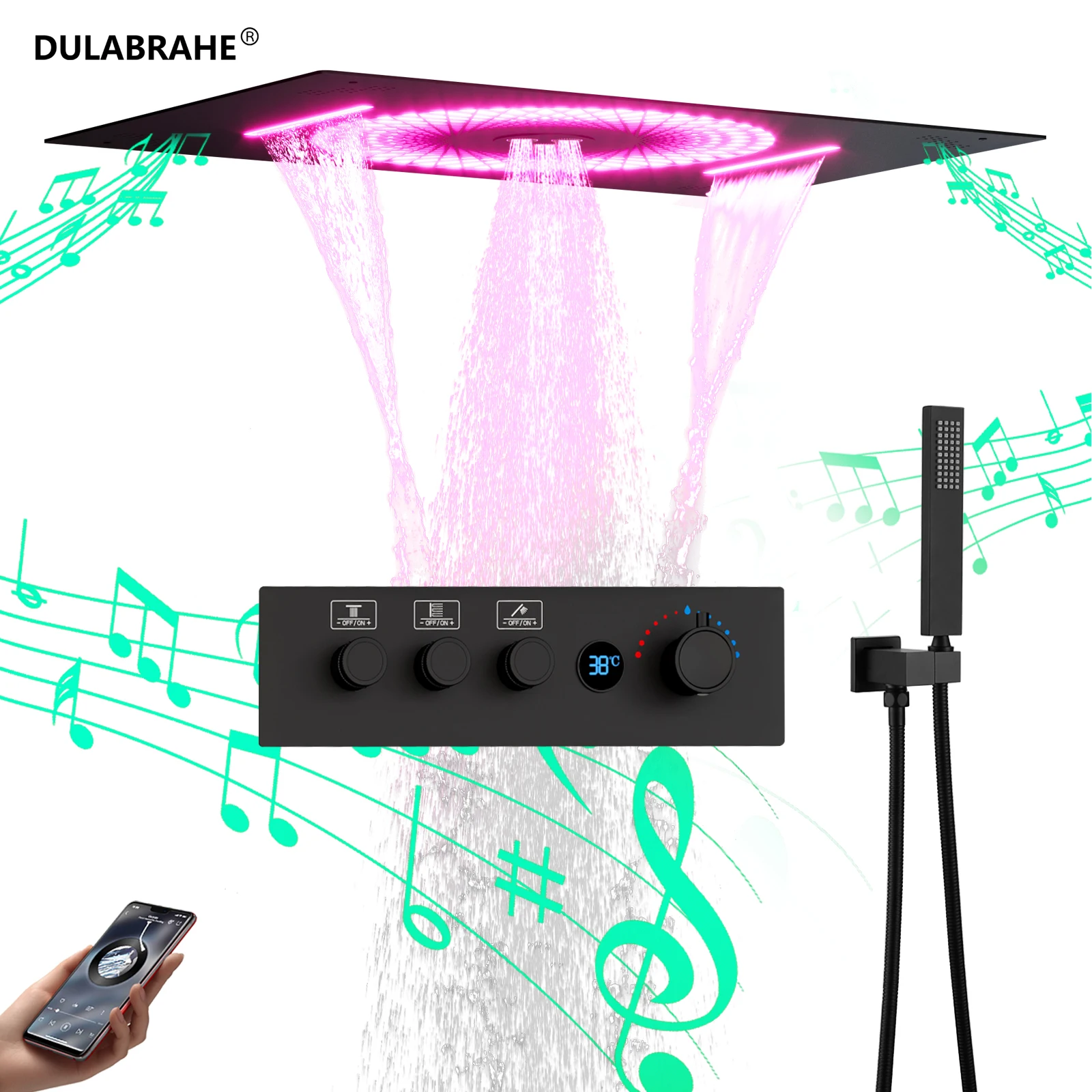 DULABRAHE 2024 New Luxury Thermostatic Digital Display Shower System Ceiling Shower Head 600*400mm LED Music Shower Set