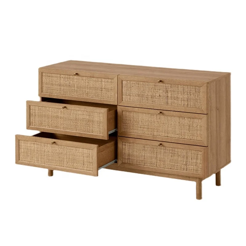Rattan Furniture Modern Nordic Living Room TV Stand Kitchen 6 Wooden Chest Drawers Storage Cabinet