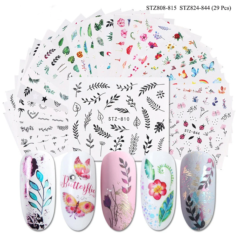 29 Pcs/Set Nail Stickers Wholesale Colorful Black Line Flowers Design DIY Water Slide Tattoo for Manicure Nail Sticker Decal