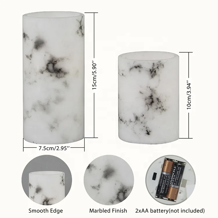 Christmas wax white electric battery operated pillar marble flameless LED candle for wedding decoration