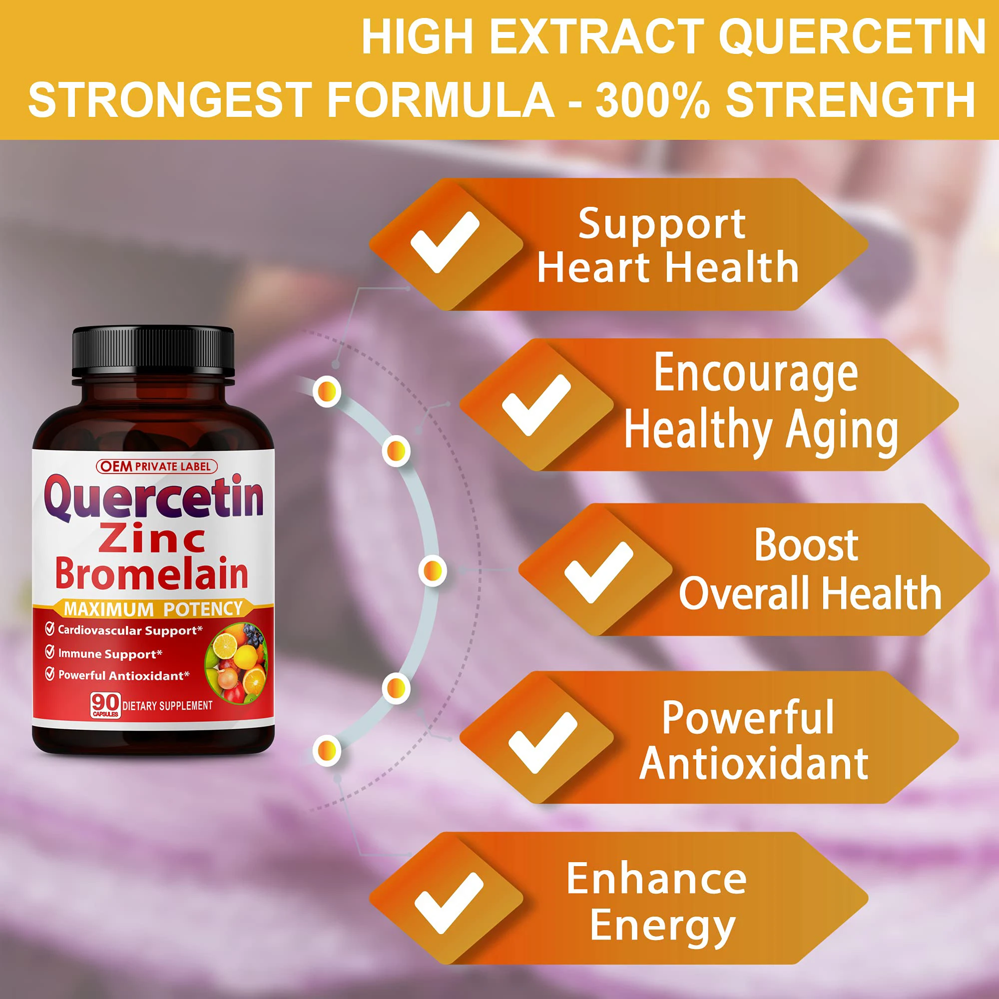 Custom High Purity 98% Quercetin Zinc Bromelain Capsules Zinc Quercetin Supplements Immune Cardiovascular Health