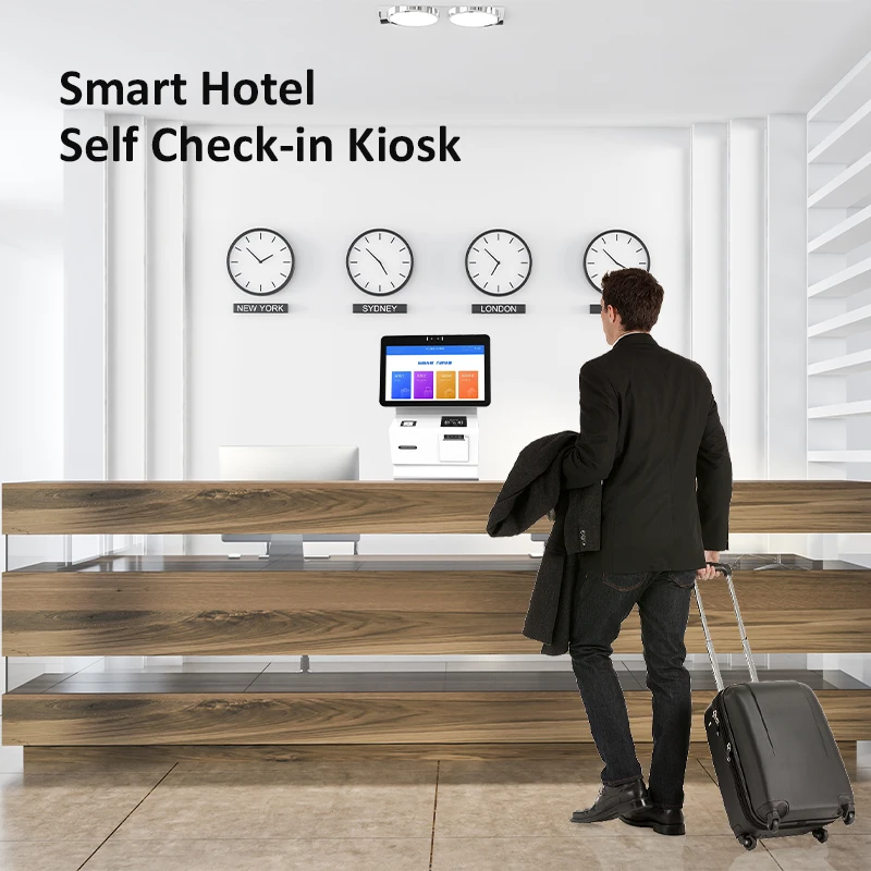self check in kiosk countertop capacitive touch screen room card issue smart hotel self service checkout kiosk