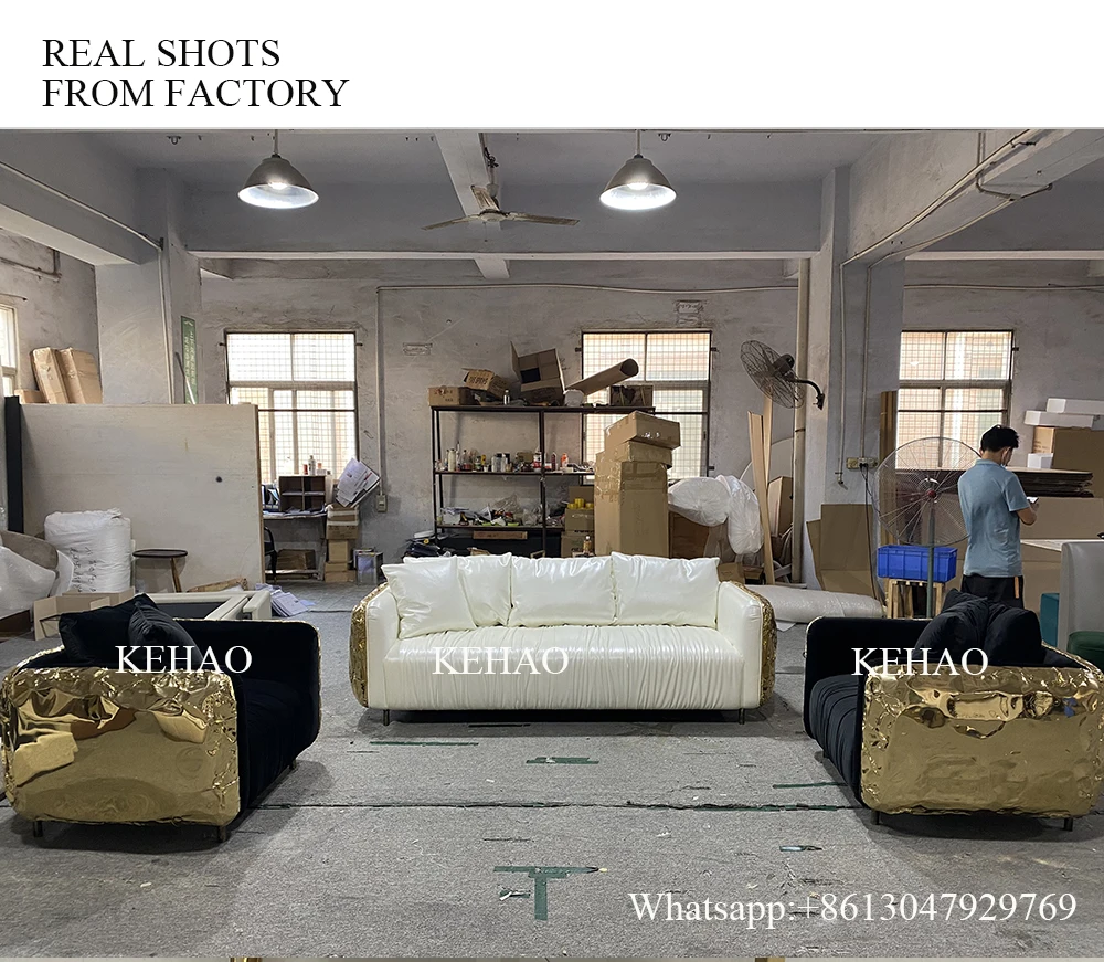 Boca Modern Style villa Light Luxury Leather Living Room Sofas Sectionals Couch Lounge Custom gold brass Sofa Set Furniture