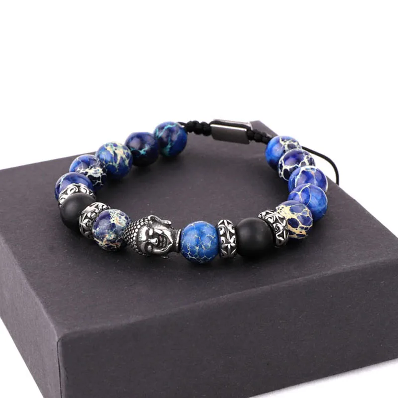 New Design Stainless Steel Buddha Charm Sediment Jasper Stone Beads Men Macrame Adjustable Bracelet Men