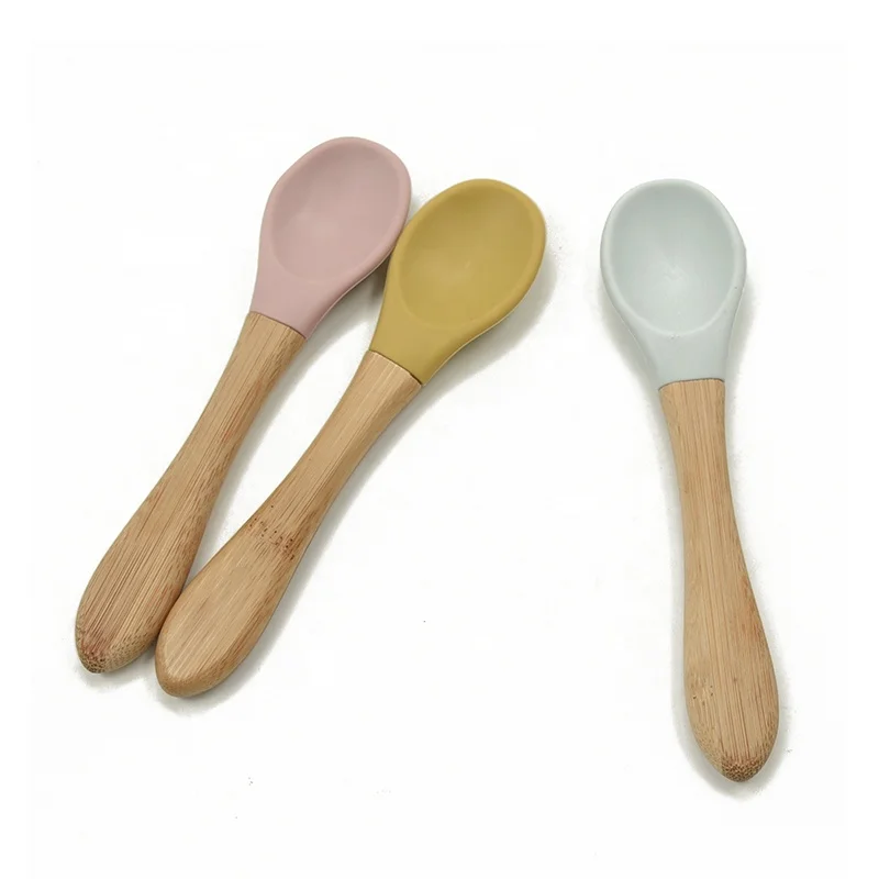 
Wholesale Bamboo or Beech Wood Handle Silicone Soft Infants Self- feeding Baby Spoon 
