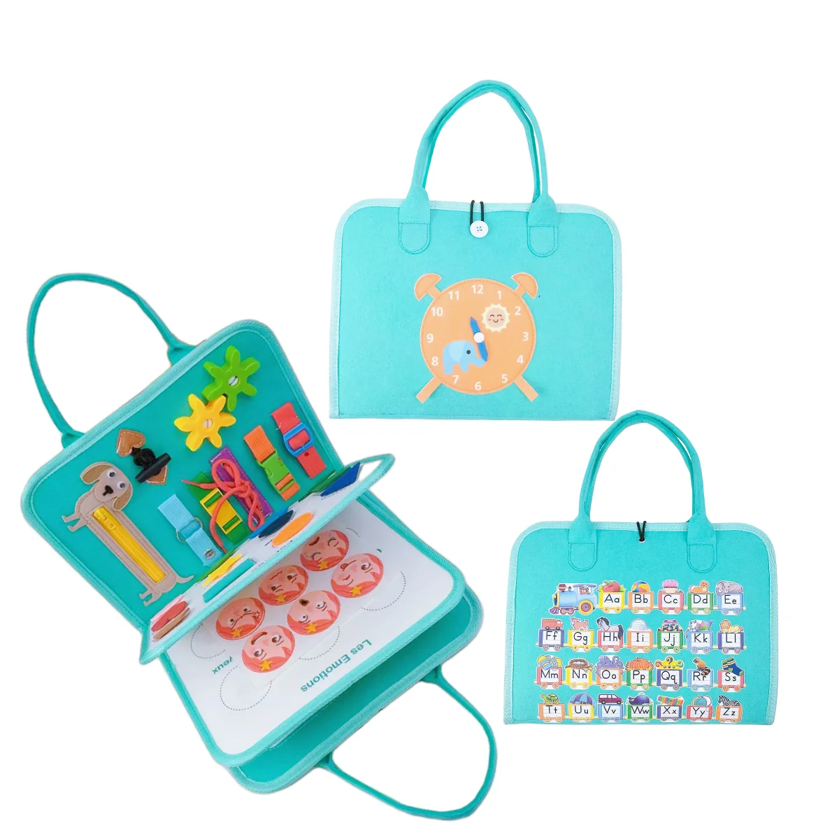 2024 New Arrivals Montessori educational Toy Green Clock Felt Wooden Busy Board Sensory Board in French For Toddlers Kids