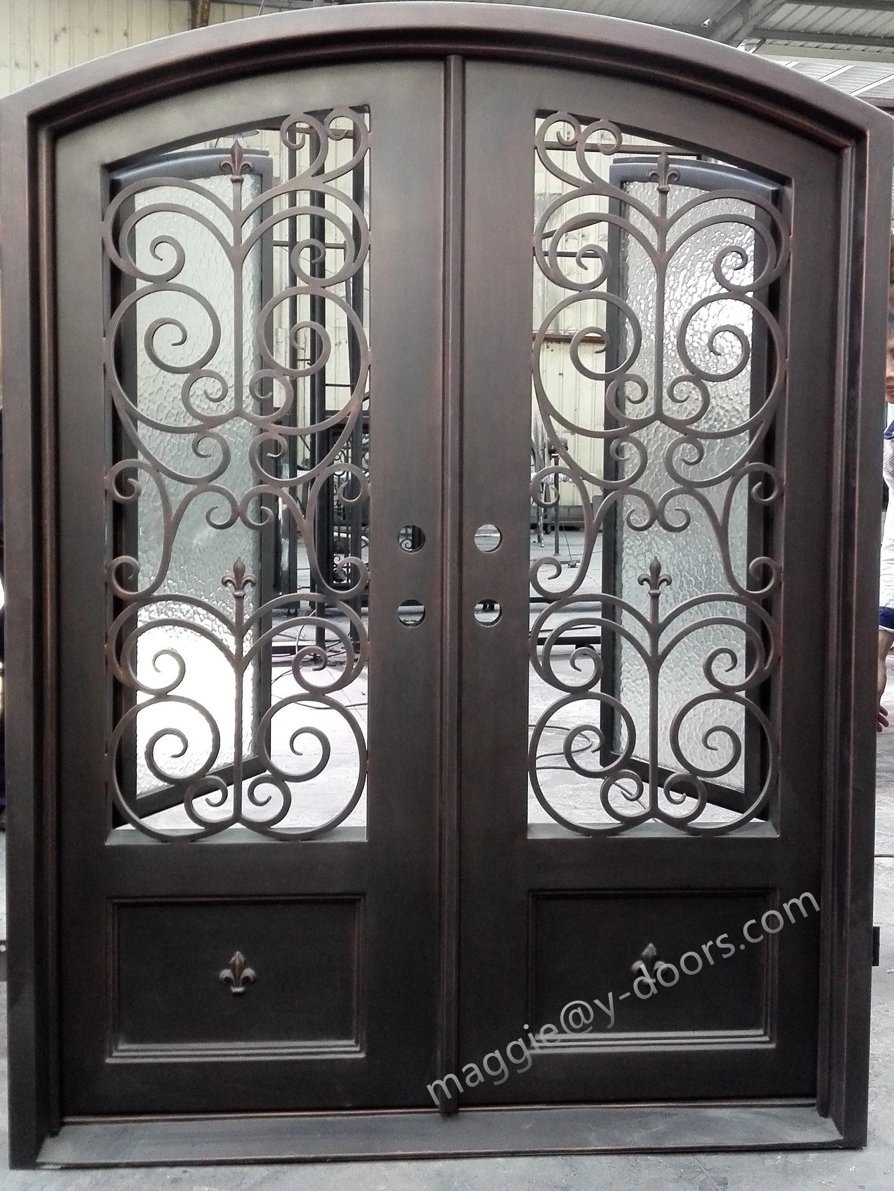 arch top American standard wrought iron door steel main double interior door with double sidelight