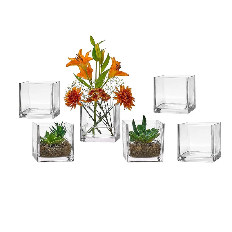 cheap clear square glass cube flower candle vase for home wedding decoration