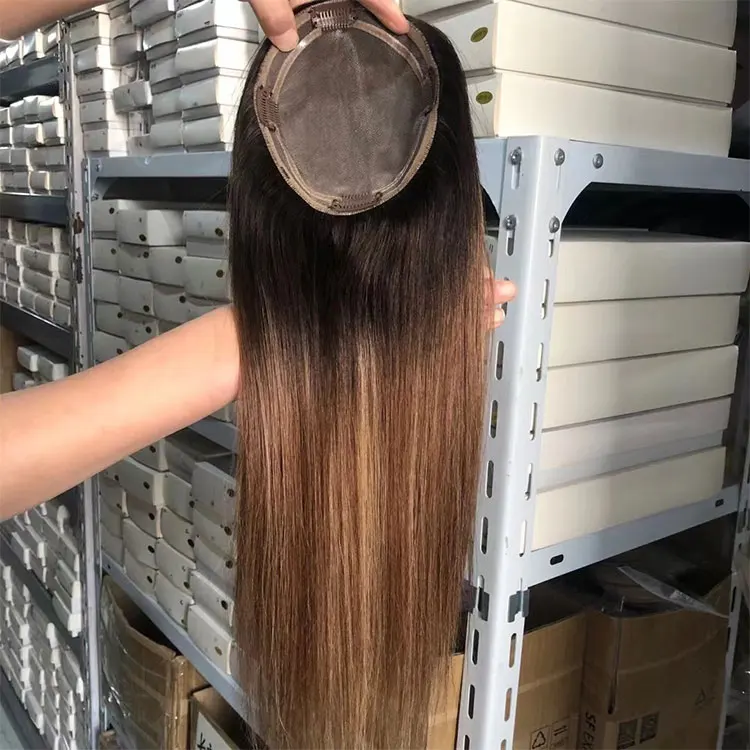 2024 European women topper Brown ombre Pu and Lace double mono base cuticle aligned Brazilian 10A 12A Virgin human hair topper