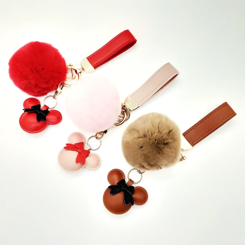 New Style Designer Fashion MK Pompom Bag Charms PU Leather Car Key Chain Accessories Custom Luxury Fur Keychain