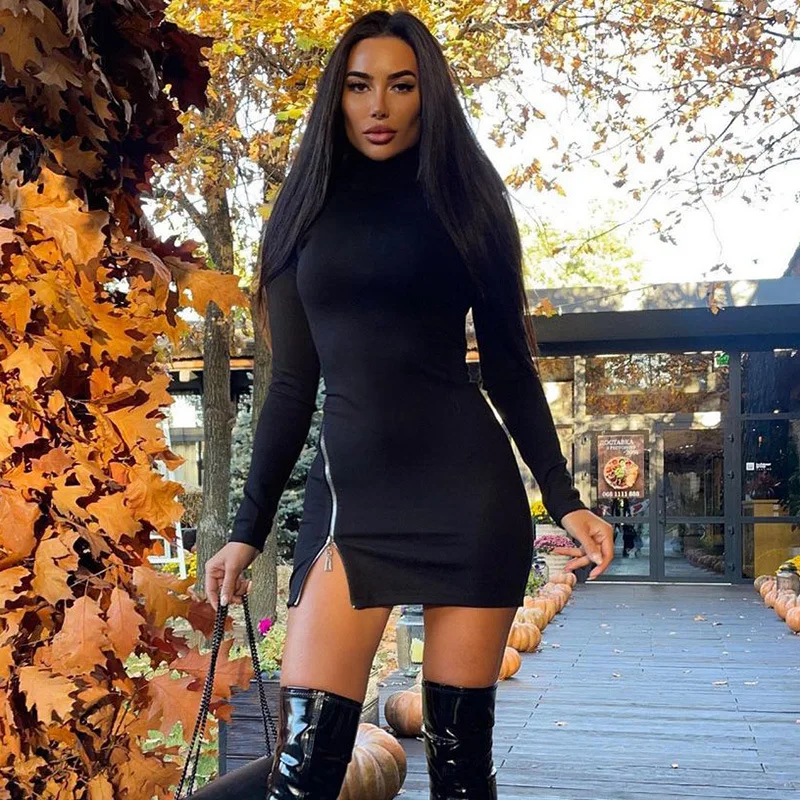 Womens Dresses Wholesale Clothing Sexy Turtle Neck Zipper Long Sleeve Black Short Dress
