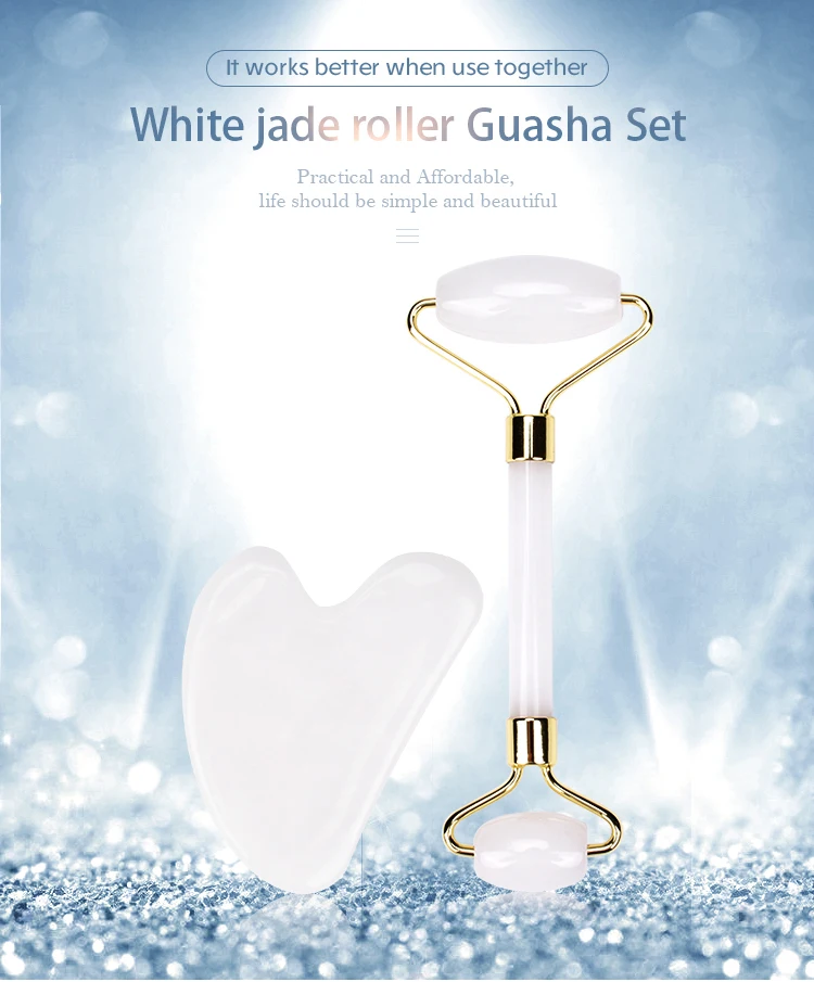 Factory Price High Quality nephrite white jade roller and guasha set, Skin care tool white jade face roller and gua sha