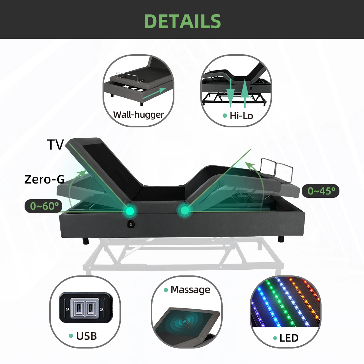 electric adjustable bed base Split King Size beds frame adjusts height for home care furniture sets  modern massage bed & table
