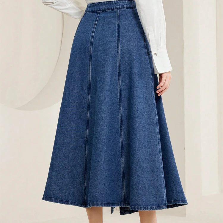 Wholesale New Style Woman Casual Blue Loose Button Front Flare Hem Denim Jeans A-Line Long Skirts