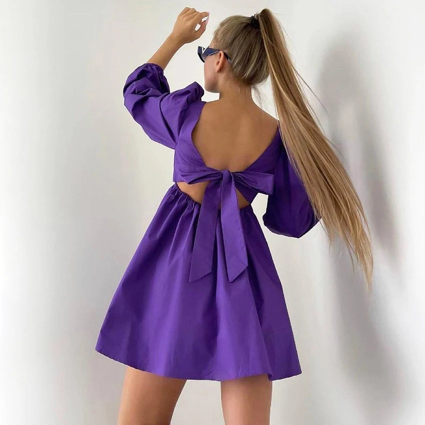 OOTN Long Sleeve Lace-Up Open Back Square Collar Chic Casual Women Dresses Winter Purple Sexy Ladies Solid Short Autumn Dress
