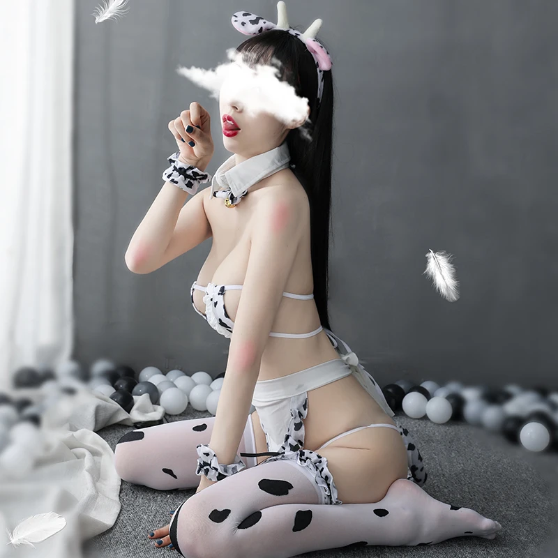 Hot Sale Cow Print Erotic Maid Dress Tube Top Exposed Breast Thong Sexy Underwear Sets