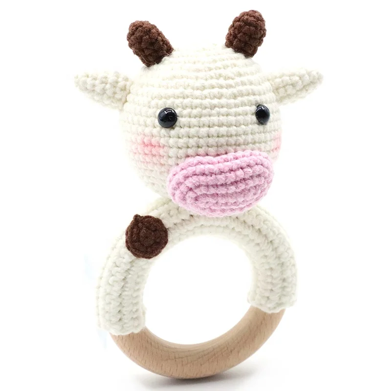 Милый вязаный бук деревянное кольцо Прорезыватель игрушка ребенок крючком погремушка