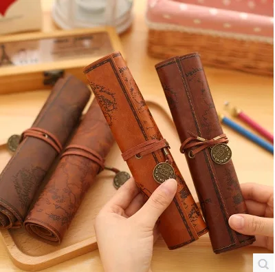 Wholesale leather Roll up Pencil Case Pouch for school Pencil box