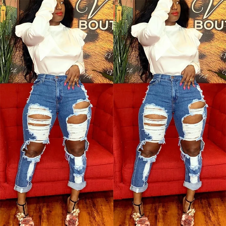 2021 New Fashion Good Quality Spring And Summer Blue Denim Net Straight Big Hole Beggar Women Jeans
