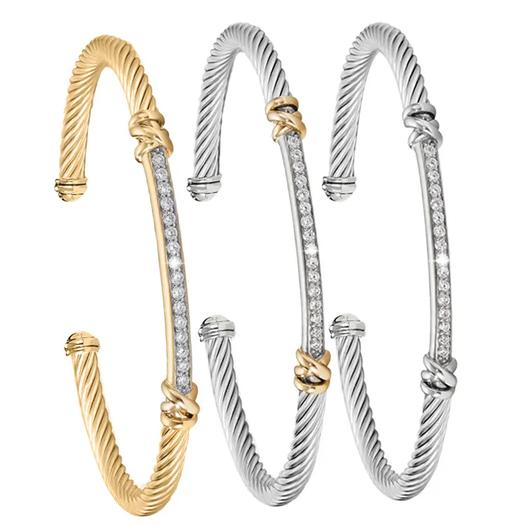 Custom 18k Gold Plated Inlaid Stone Bangles Colorful Women Luxury Cuff Bangle Cable Zircon Open Bangle