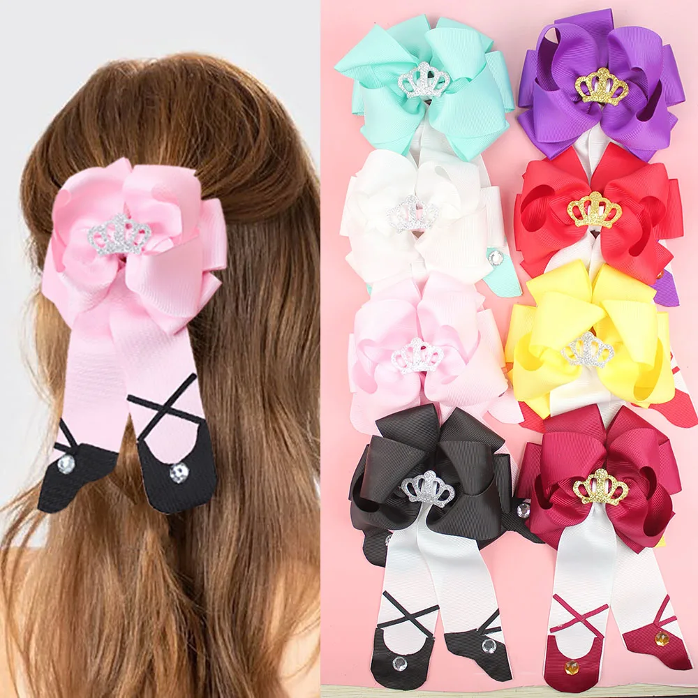 ballet shoes hair bow clip with crown princess beautiful hair bows for kids girls hair accessories