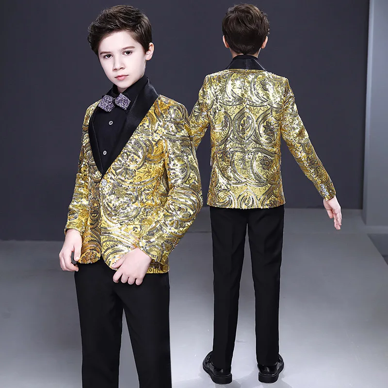 6-16y Gold Sequined Elaborate Kids Clothing Children Wear Plus Size Men Suits Host Piano Performance Flower Boys Tuxido Blazer