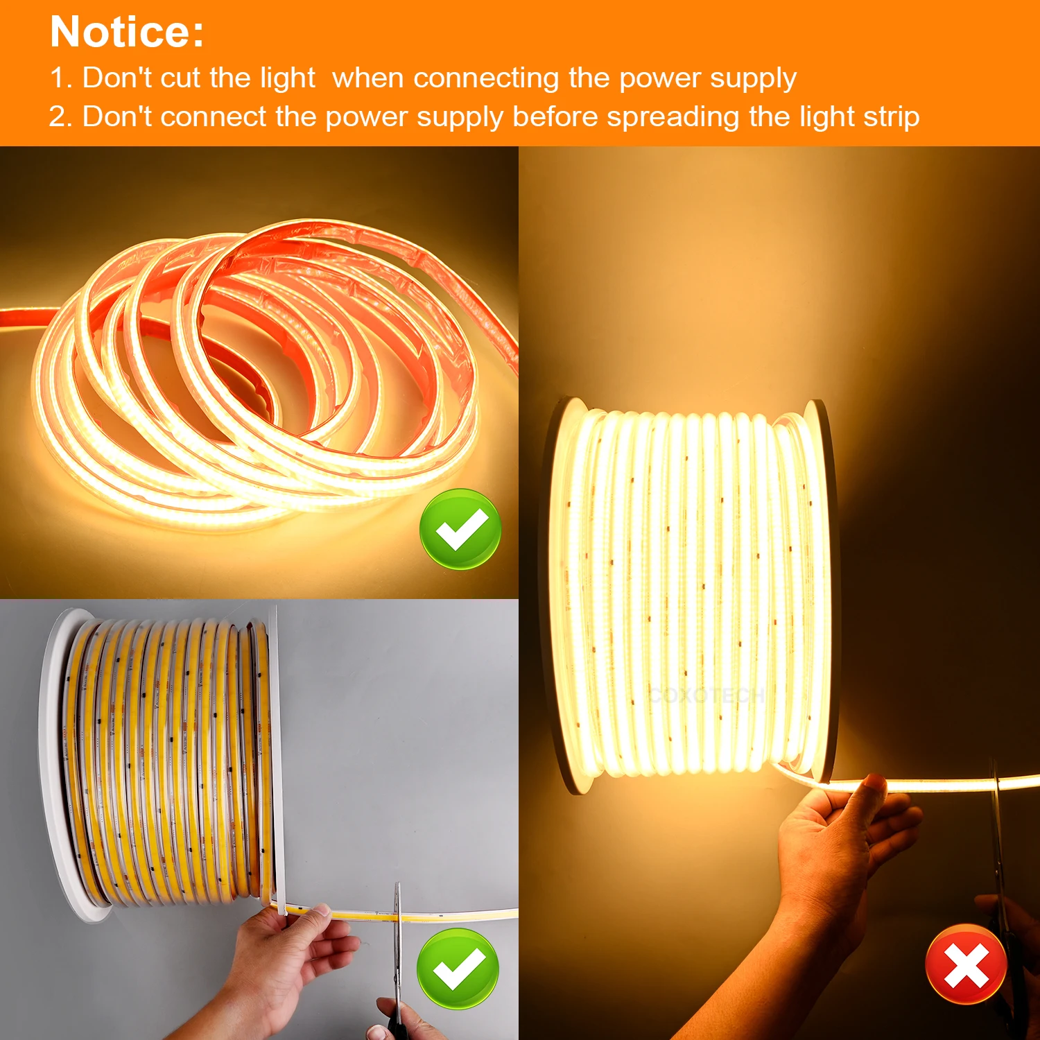 COXO ETL Cob Led Light Strip 220v 110V Dot Free Ip65 Waterproof 100m Roll ETL Driverless Led Strip 220v